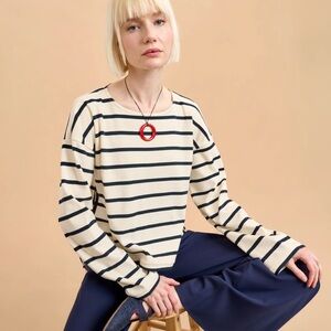 La Ligne Navy and Cream Long Sleeve Breton Tee